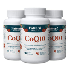 Pattern Wellness CoQ10 bottle label with 200 mg ubiquinone and BioPerine for absorption.