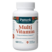 Pattern Wellness multivitamin bottle on a counter suggests daily energy and wellness support.