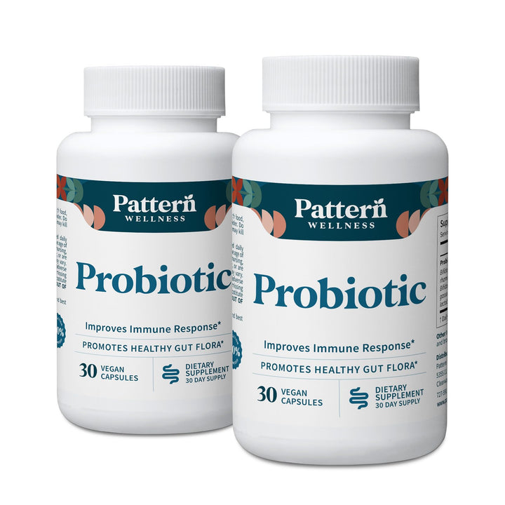Pattern Wellness probiotic bottle front promotes daily gut balance and overall well-being.