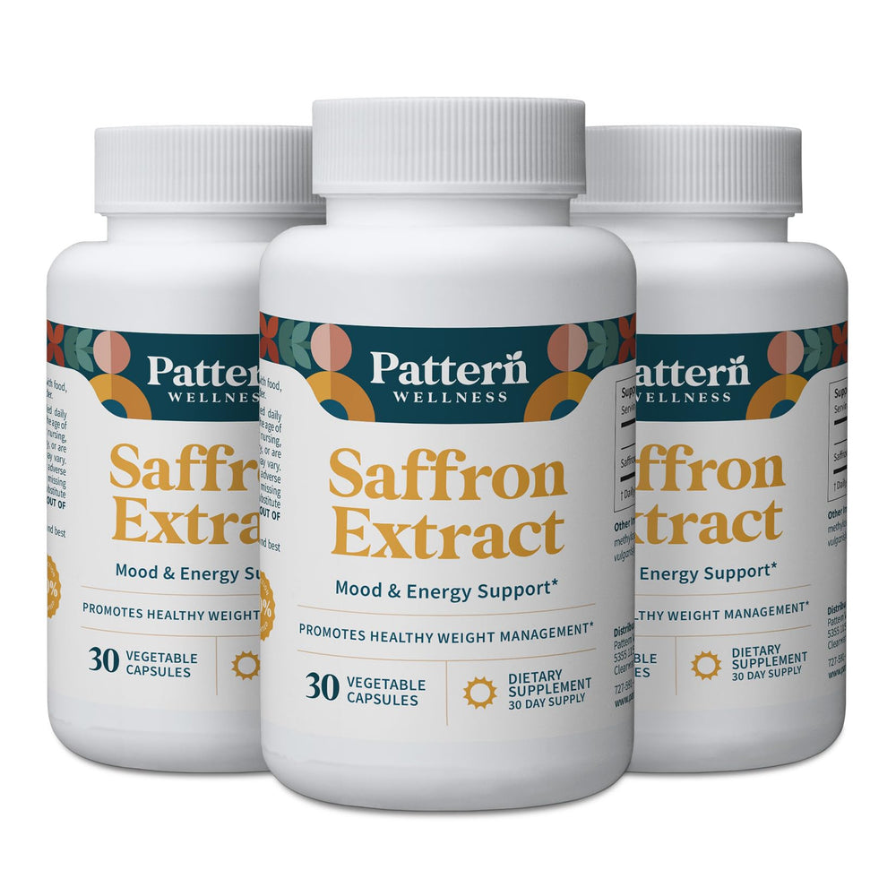 Pattern Wellness saffron extract bottle promotes calm mood and daily balance