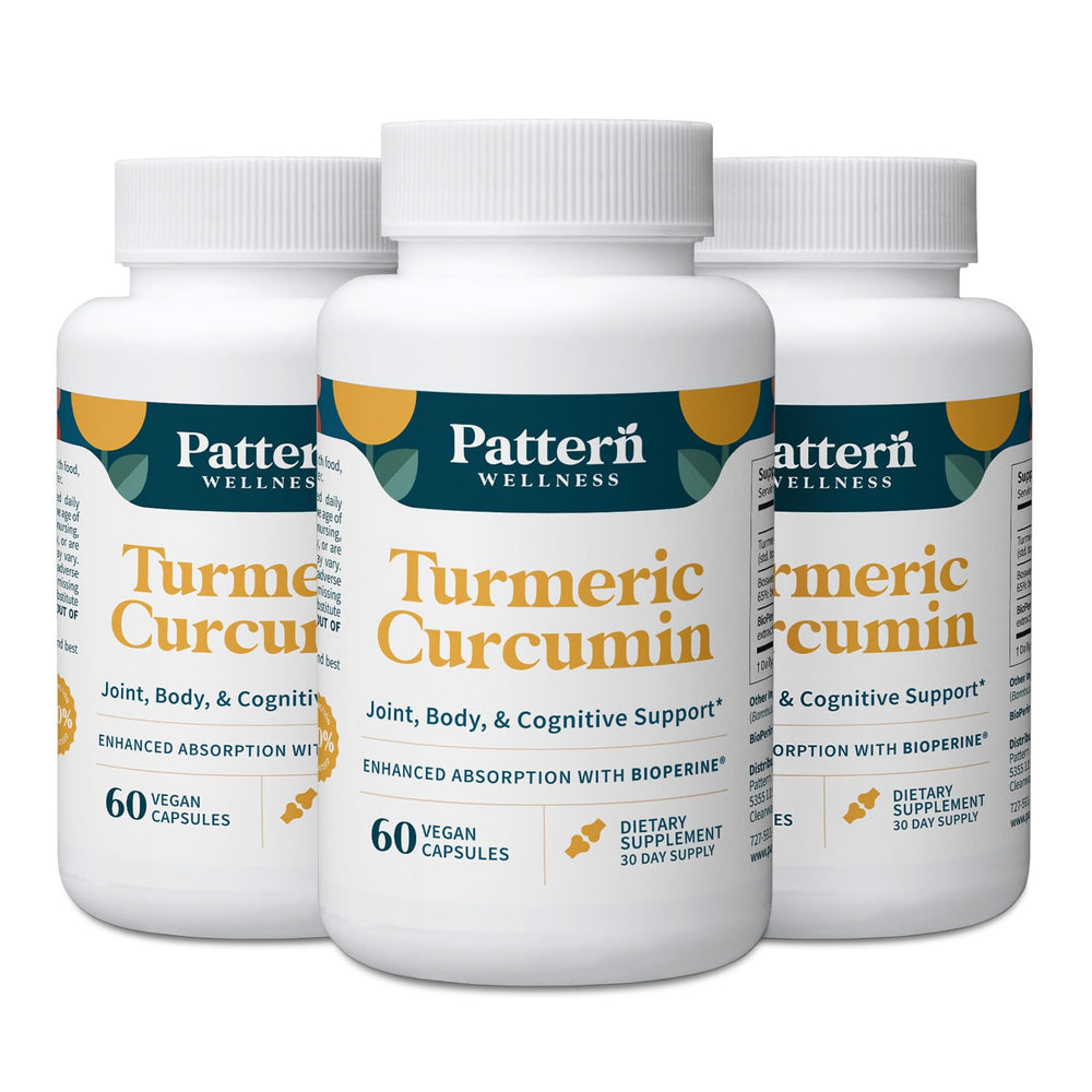 Pattern Wellness Turmeric Curcumin bottle shows easy daily support for joint comfort and mobility.