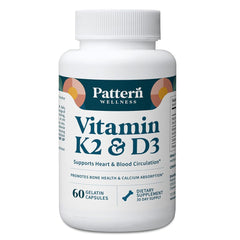Pattern Wellness Vitamin K2 D3 bottle front for daily bone support.