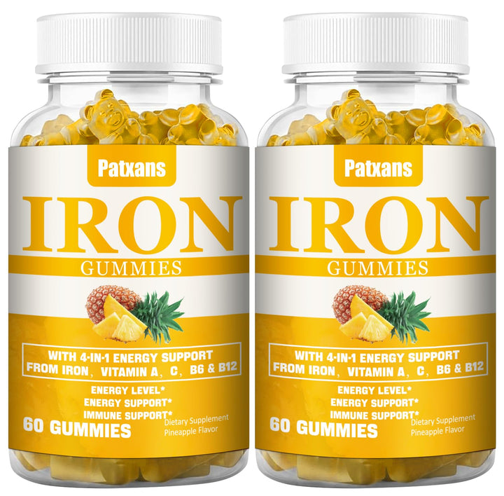 Patxans iron gummies pineapple bottle showing convenient packaging and flavor