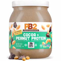 PB2 peanut protein powder with cocoa bottle for a rich, dairy-free chocolate shake.