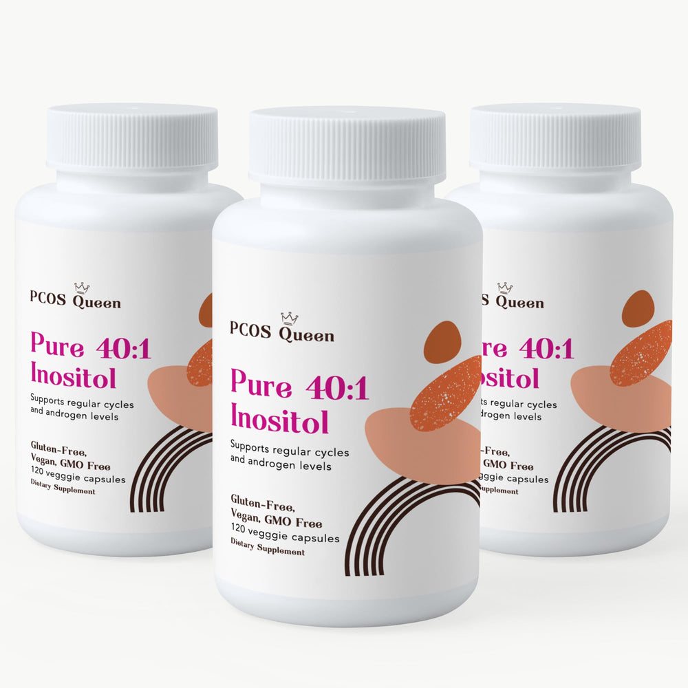 PCOS Queen Pure 40:1 Inositol bottle highlighting cycle support.