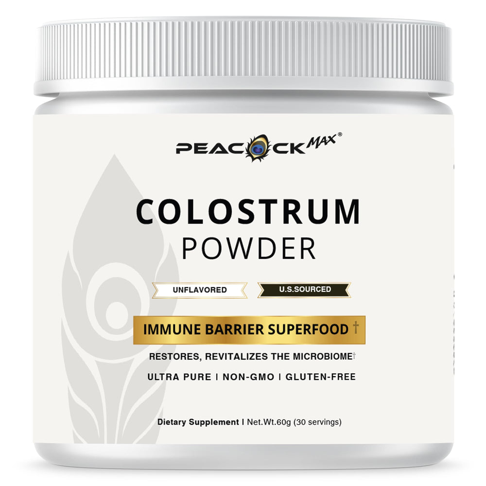 Peacock Max colostrum powder jar on a clean kitchen counter for daily nutrition