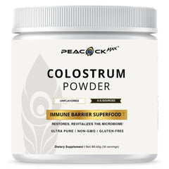 Peacock Max colostrum powder jar on a clean kitchen counter for daily nutrition