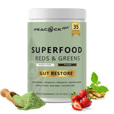 Peacock Max Reds & Greens tub with scoop for daily nutrition.