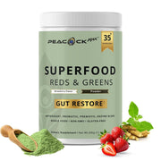 Peacock Max Reds & Greens tub with scoop for daily nutrition.