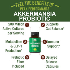 Peak Performance Akkermansia back label outlines dosage and gluten-free notes