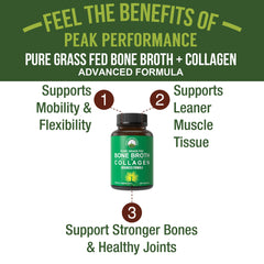 Peak Performance capsules closeup highlighting hydrolyzed collagen texture and grass-fed origin.