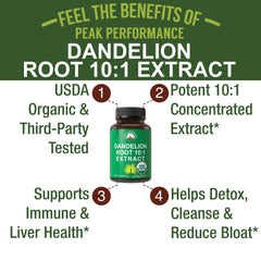 Peak Performance dandelion capsules closeup highlighting vegan formula for digestion.
