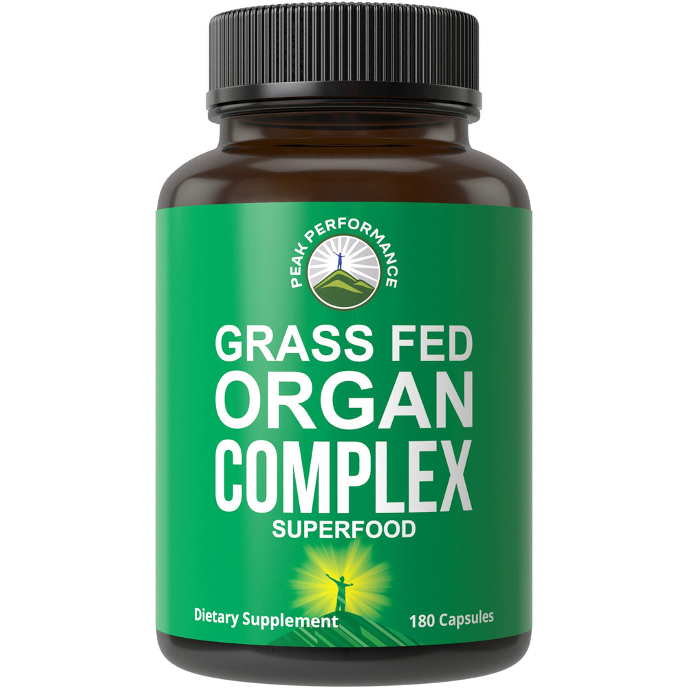 Peak Performance grass-fed beef organ bottle with desiccated capsules for daily wellness.