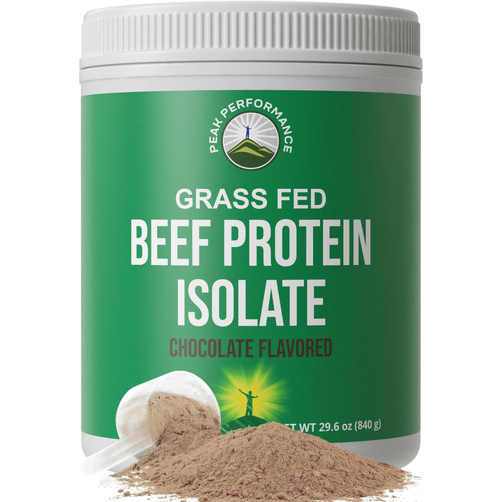 Peak Performance Grass-Fed Beef Protein Bottle illustrating lactose-free, dairy-free formula for clean protein.