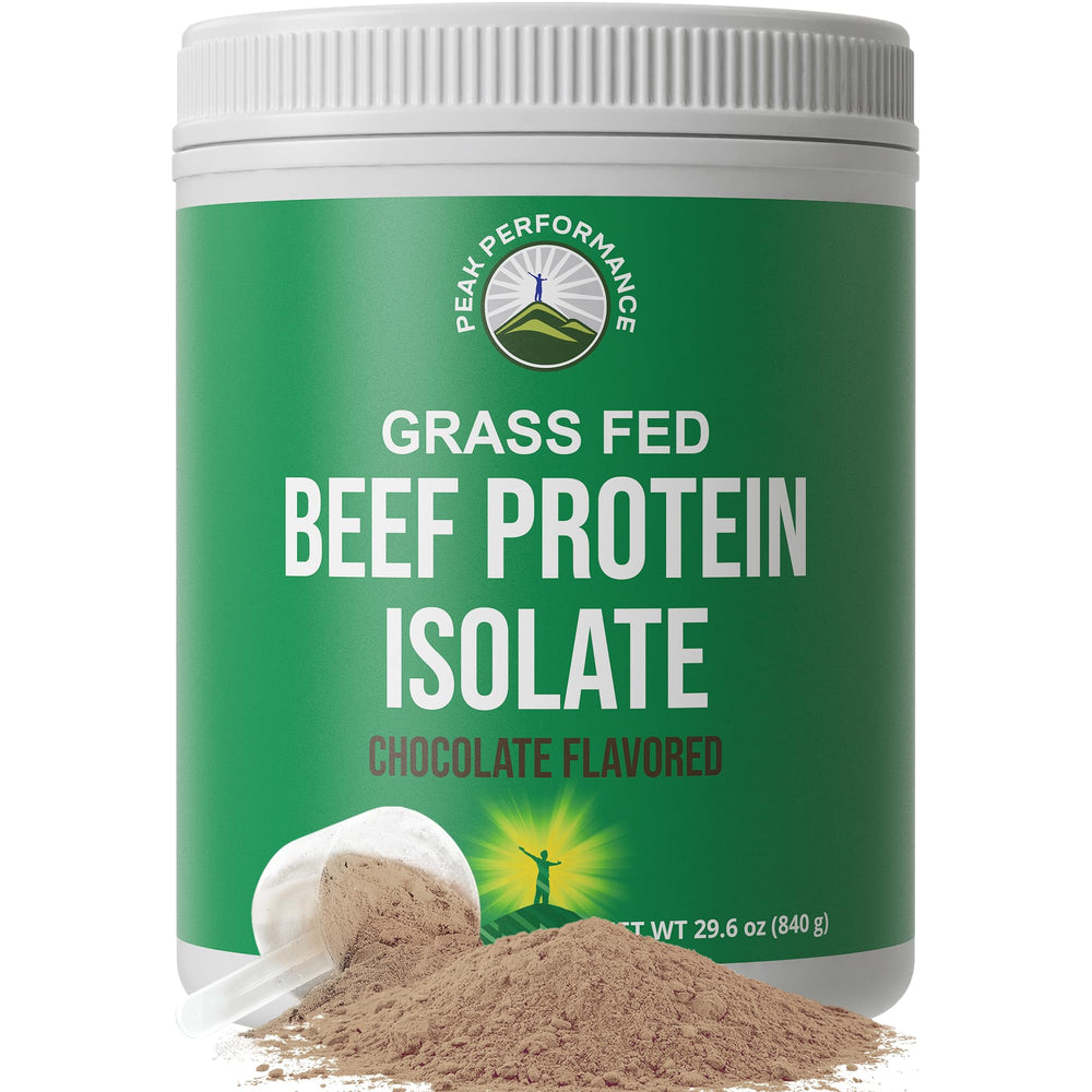 Peak Performance Grass-Fed Beef Protein Bottle illustrating lactose-free, dairy-free formula for clean protein.