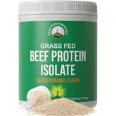 Peak Performance grass-fed beef protein scoop highlights 20g protein per serving with zero sugar.