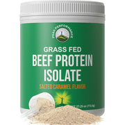 Peak Performance grass-fed beef protein scoop highlights 20g protein per serving with zero sugar.
