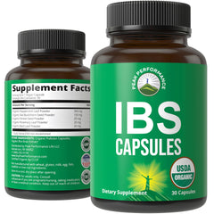 Peak Performance IBS capsules bottle front view highlighting organic formula for digestive comfort.