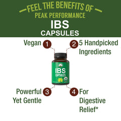 Peak Performance IBS capsules close-up of organic botanicals blend used for digestive balance.