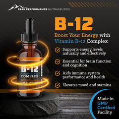 Peak Performance Nutraceutics B12 Drops dropper dispensing a dose for quick absorption.