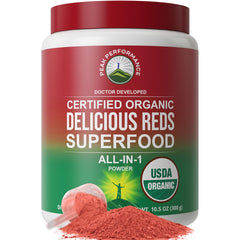 Peak Performance Organic Reds bottle pour for quick daily energy boost.