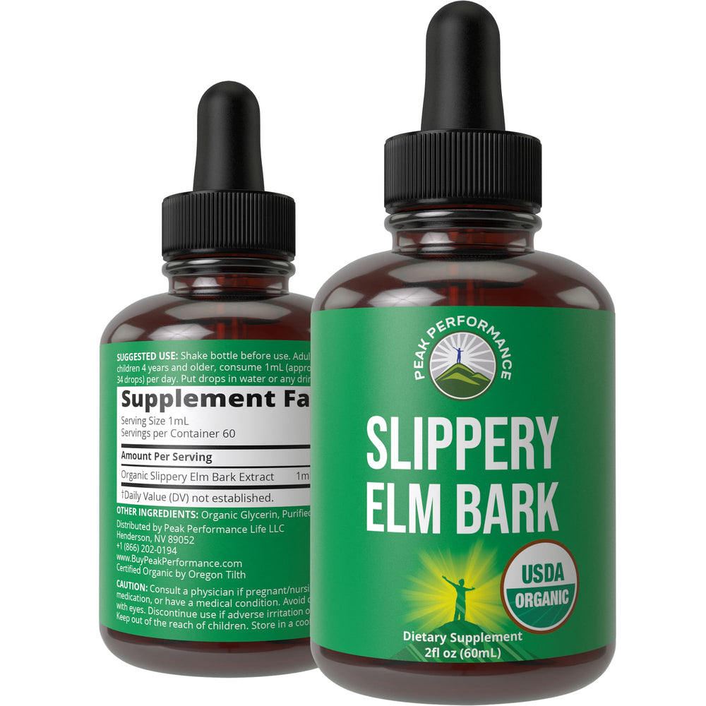 Peak Performance Slippery Elm Bark Drops bottle highlights branding and throat support use.