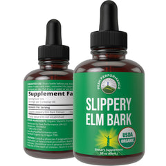 Peak Performance Slippery Elm Bark Drops bottle highlights branding and throat support use.