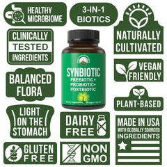 Close-up of Peak Performance Synbiotic capsules, vegan formula for everyday use.