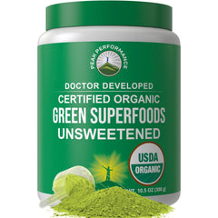 Peak Performance unsweetened greens bottle ready for your daily greens boost