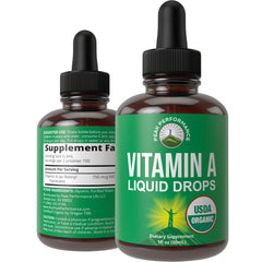 Peak Performance Vitamin A Liquid Drops bottle showing the organic formula for eye and skin support.