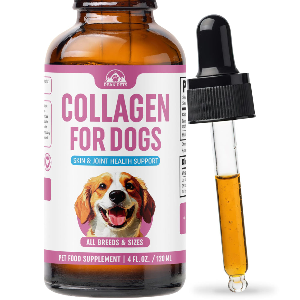 Peak Pets Premium Liquid Collagen for Dogs bottle and pour to support joint comfort.