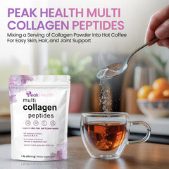 Peakhealth bottle label detail emphasizing collagen types I to X