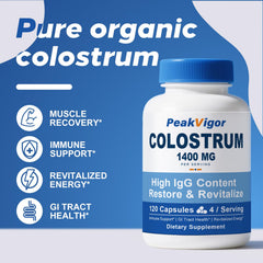 PeakVigor Bovine Colostrum Capsules close-up of capsules signals additive-free formula.