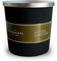 Pecksniff's Black Tall Bamboo Vetiver candle front view highlights elegant design