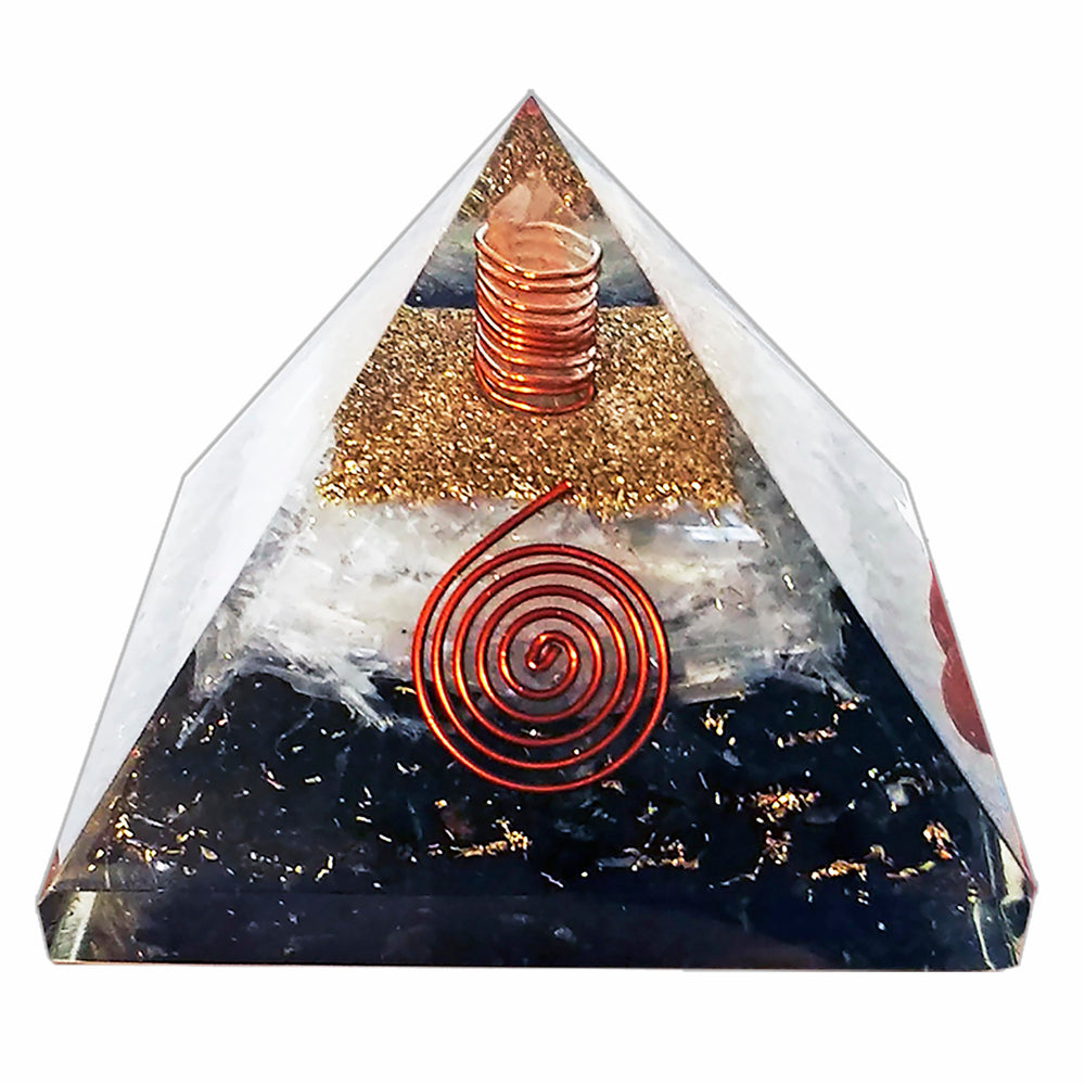 Pele Productions shungite-selenite pyramid close-up showing crystal blend for calm energy
