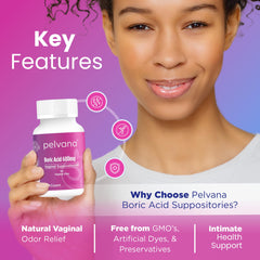 Pelvana boric acid suppositories bottle label, highlighting 600 mg per capsule for reliable at-home use.