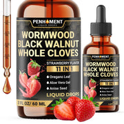 Penhoment 11in1 Wormwood Drops strawberry bottle suggests digestive support.