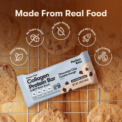 Perfect Keto Collagen Bars Chocolate Chip close-up showing chocolate chips.