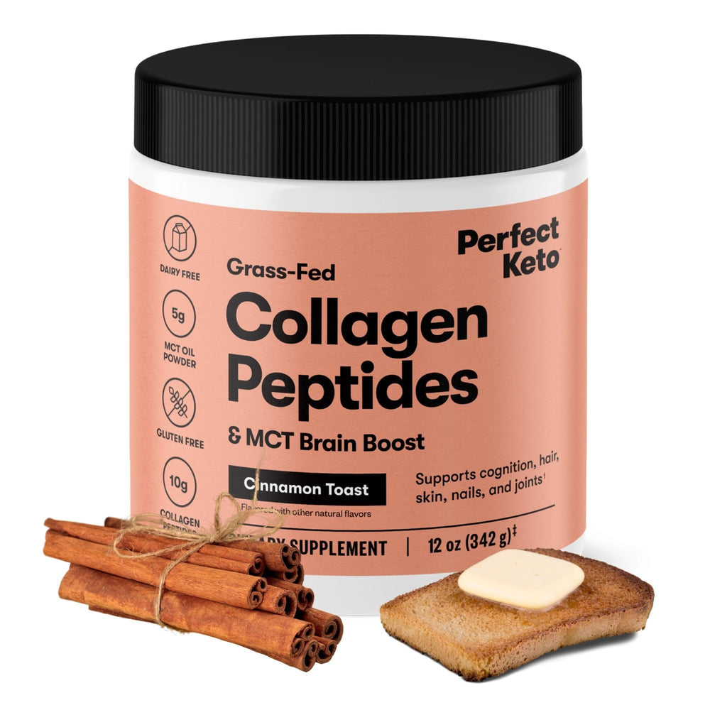 Perfect Keto Collagen Peptides MCT Oil Bottle shows keto-friendly protein boost for daily use.