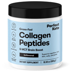 Perfect Keto Collagen powder bottle on shelf highlighting grass-fed collagen for hair and skin
