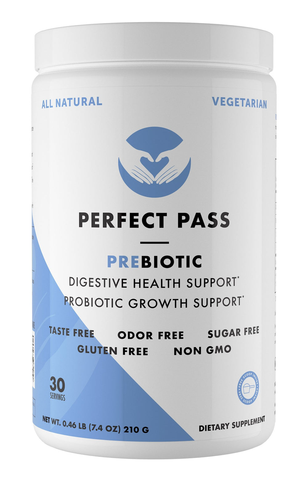 PERFECT PASS Prebiotic PHGG powder tub supports gut wellness for daily use.