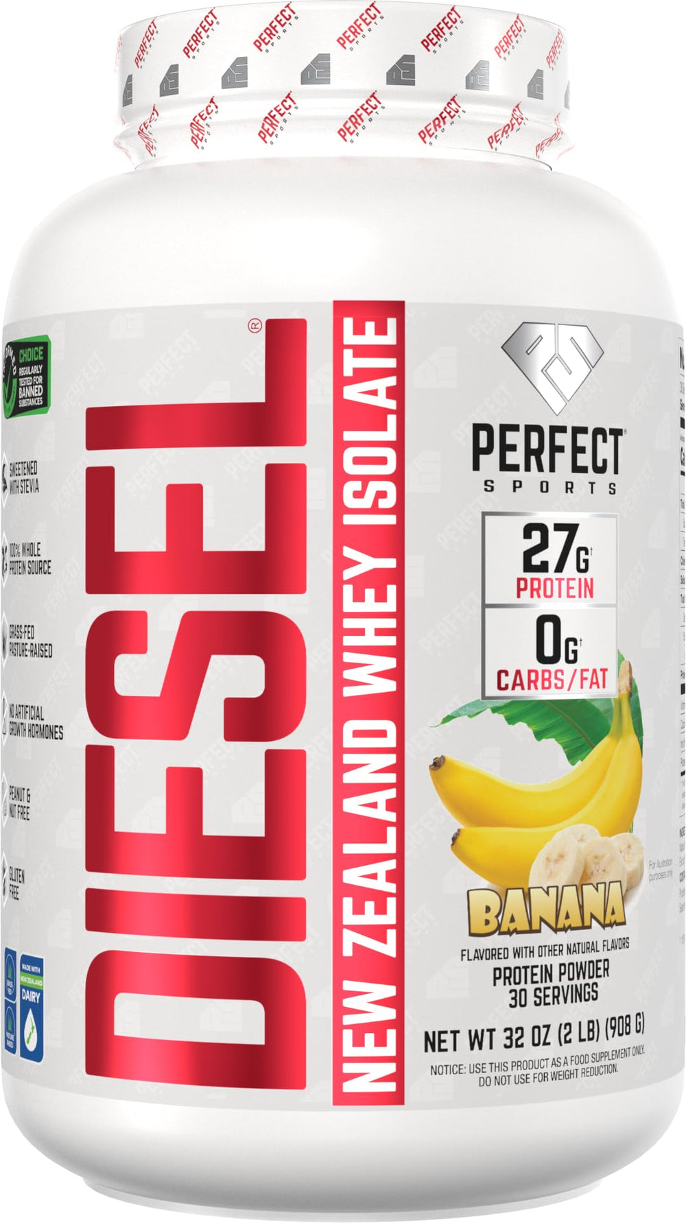 PERFECT SPORTS Diesel New Zealand whey protein isolate banana tub for lean muscle support.