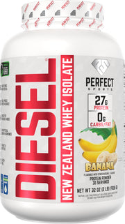 PERFECT SPORTS Diesel New Zealand whey protein isolate banana tub for lean muscle support.