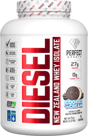 Perfect Sports Diesel Whey Isolate bottle showcases grass-fed, premium cookies 'n cream formula for shakes.