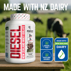 Perfect Sports Diesel whey isolate pour shows lactose-friendly formula supporting easy digestion.