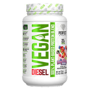 PERFECT SPORTS Vegan Diesel very berry splash scoop shows plant-based protein for post-workout recovery