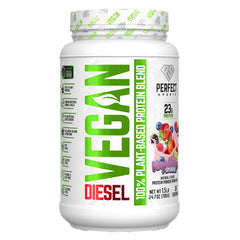PERFECT SPORTS Vegan Diesel very berry splash scoop shows plant-based protein for post-workout recovery