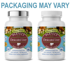 Perfect Supplements desiccated liver capsules close-up highlighting protein and iron.