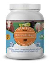 Perfect Supplements hydrolyzed collagen bottle shows grass-fed formula for skin and joints.