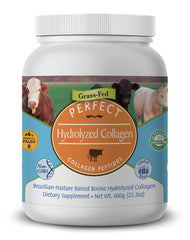 Perfect Supplements hydrolyzed collagen bottle shows grass-fed formula for skin and joints.